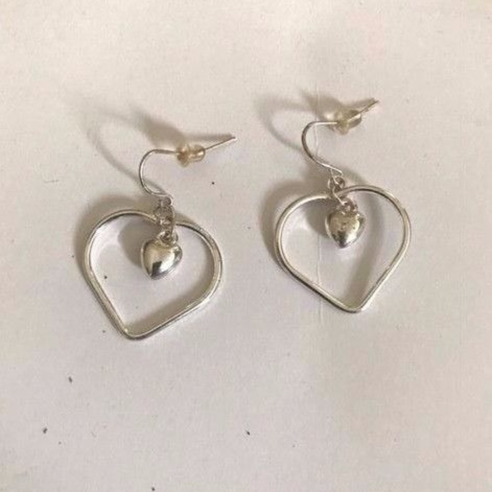 Double Heart Earrings Dangle Hooks Silver Tone VTG